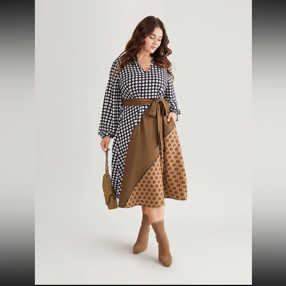 Bloom Chic Polka Dot Patchwork Colorblock Belted Notched Dress